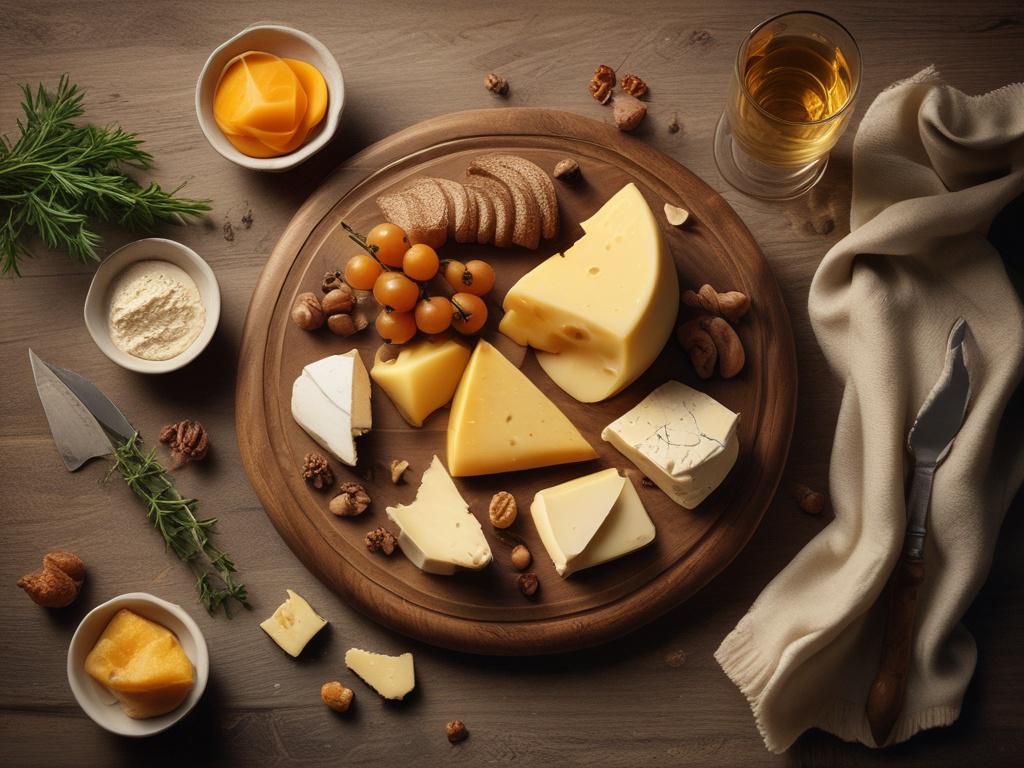 Generate a realistic high-resolution photo that embodies the theme "Die besten Schweizer Käsesorten und wie man sie perfekt kombiniert." The image should feature a single, beautifully arranged cheese platter as the main subject. Include a variety of Swiss cheeses, such as Emmental, Gruyère, and Appenzeller, cut into appealing wedges and garnished with fresh herbs, dried fruits, and nuts for an inviting presentation. 

The background should be softly blurred to create a serene atmosphere, with warm, golden h