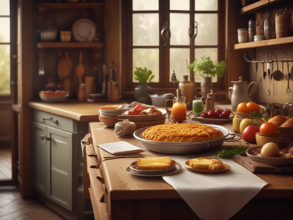 a rustic Swiss kitchen with traditional Swiss dishes like Rösti