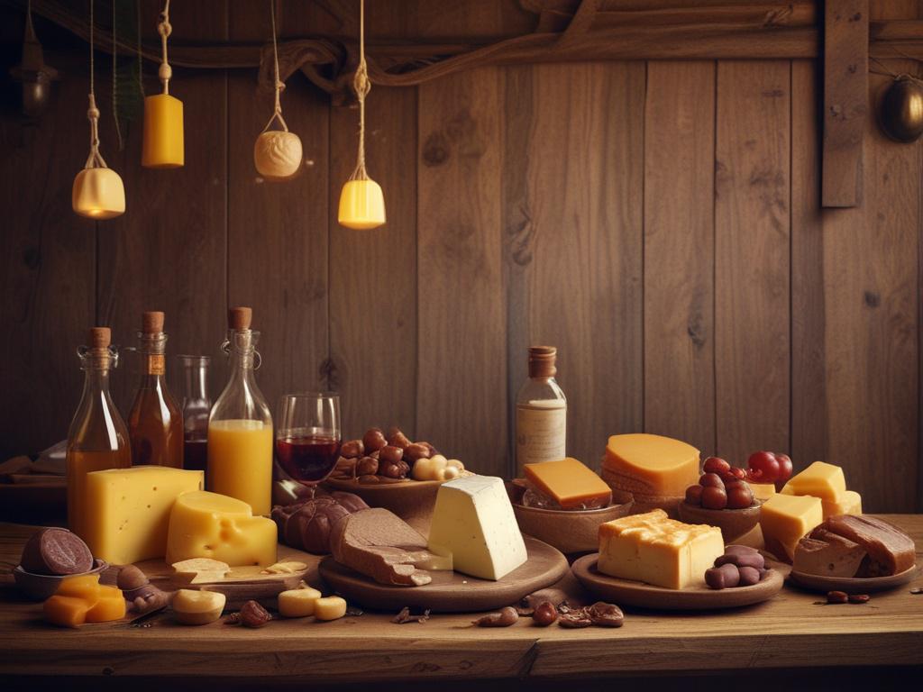a variety of Swiss local specialties displayed on a rustic