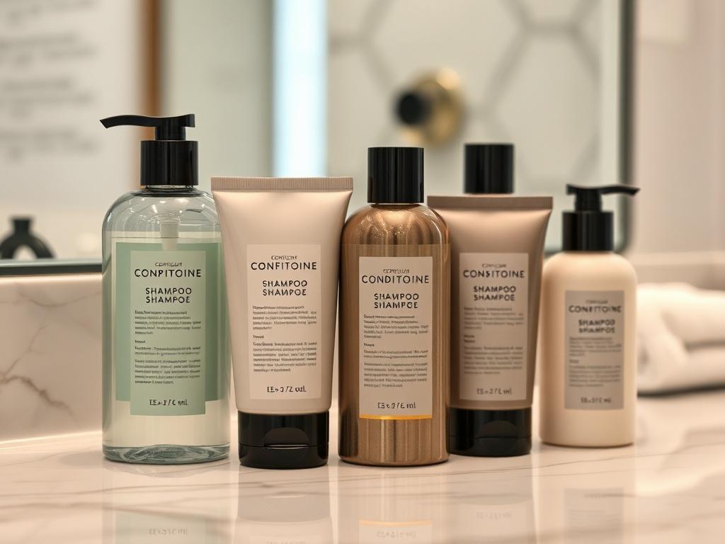 A close up shot of premium hotel amenities including shampoo,