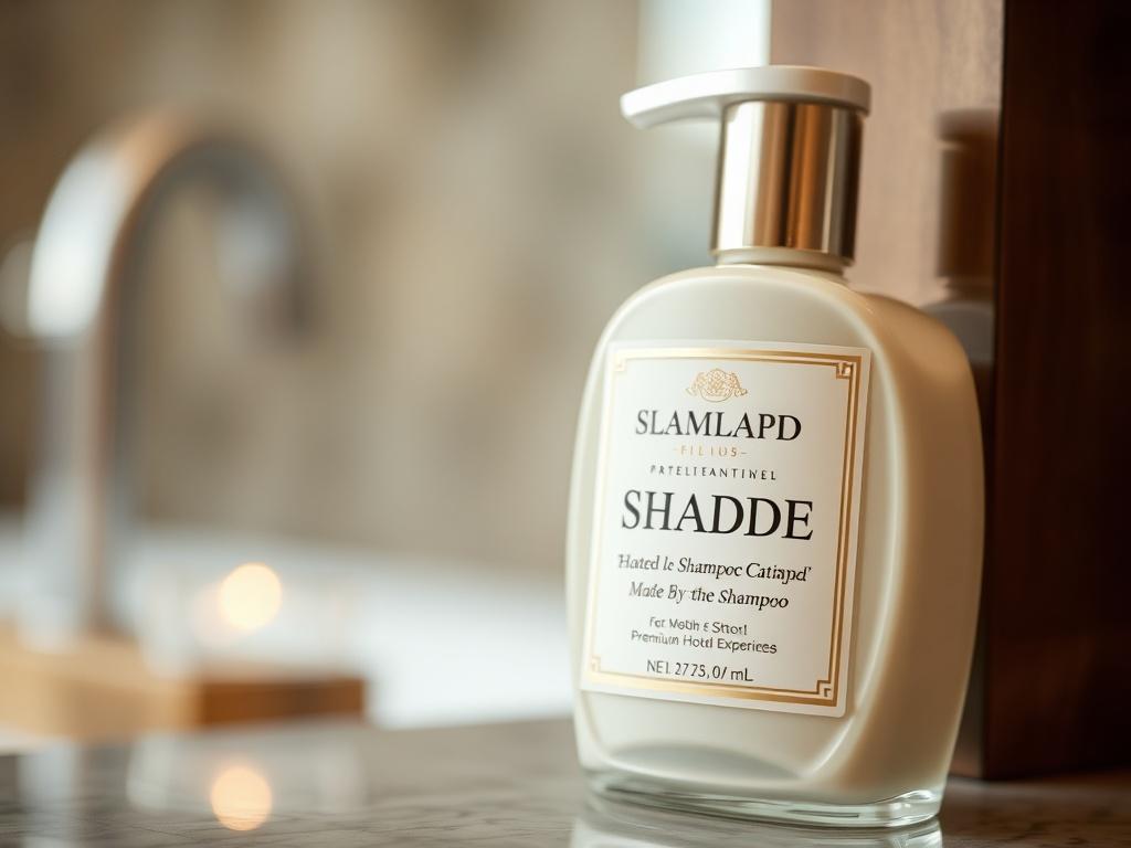 A close up shot of a luxury shampoo bottle, elegantly