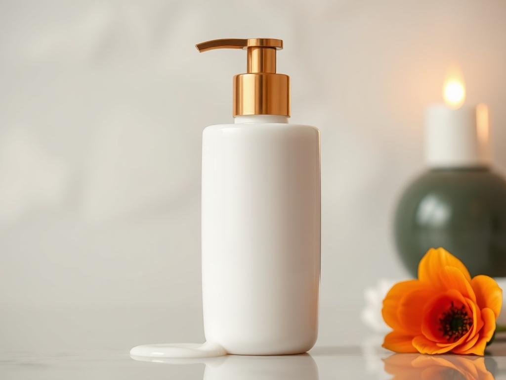 A stunning close up of a body lotion bottle, reflecting