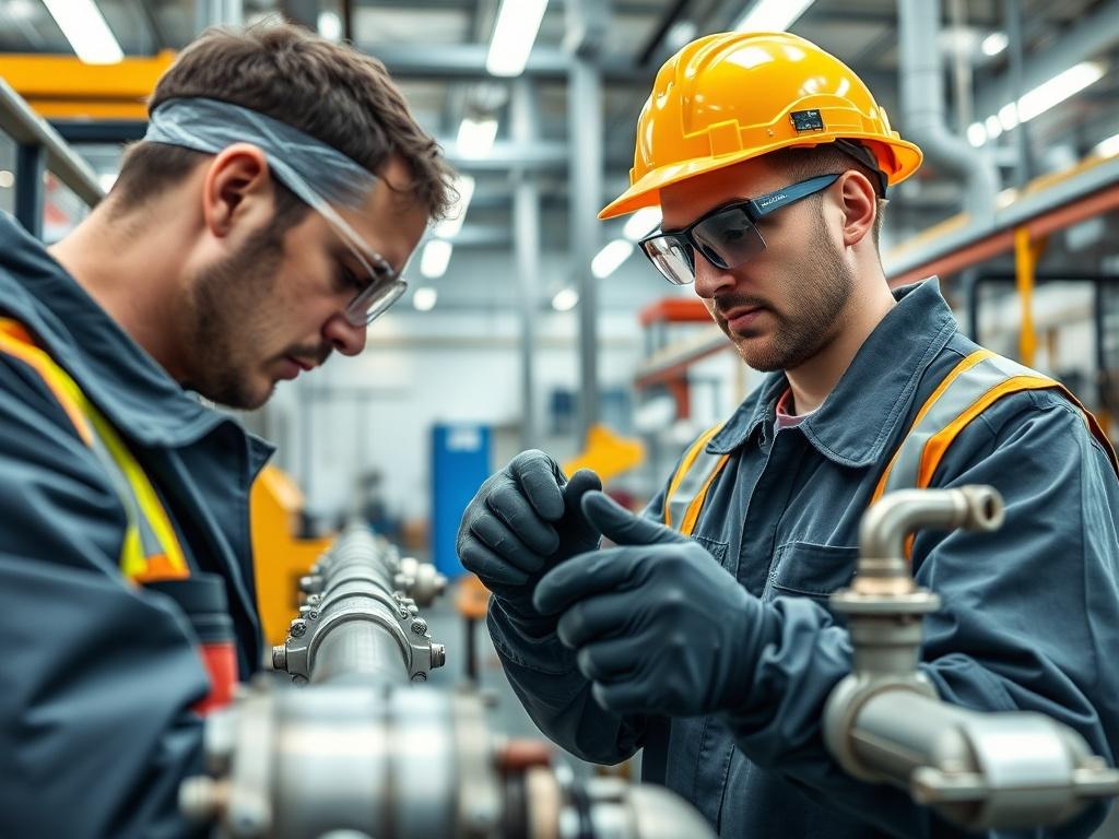 A close-up shot of a skilled technician fabricating piping and static equipment in an industrial setting. The technician is wearing safety gear, focused on his work with tools in hand. The background features a clean, well-lit workshop filled with high-quality machinery and equipment, reflecting a professional atmosphere. The color scheme should align with a primary color of rgb(85, 141, 151). The overall composition should emphasize the craftsmanship and precision involved in the fabrication process.