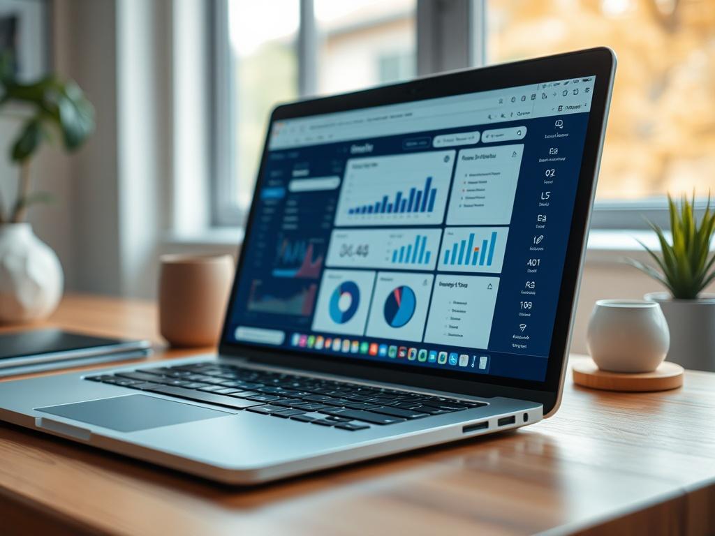 A hyper-realistic close-up shot of a sleek, high-tech CRM software interface displayed on a modern laptop. The background should be softly blurred to emphasize the laptop, with natural light illuminating the scene. The laptop is positioned on a stylish wooden desk, and the color scheme should incorporate shades of rgb(193, 153, 87) to create a cohesive and inviting atmosphere.