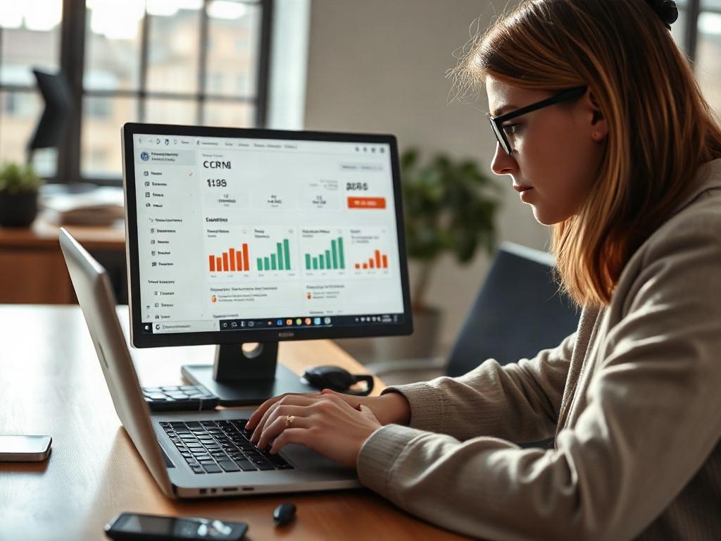 A hyper-realistic close-up shot of a professional working on a laptop, with a CRM dashboard displayed on the screen. The background features a modern office setting, with natural light streaming in through a window, creating a productive atmosphere. The image captures the focus and engagement of the individual as they navigate the CRM interface.