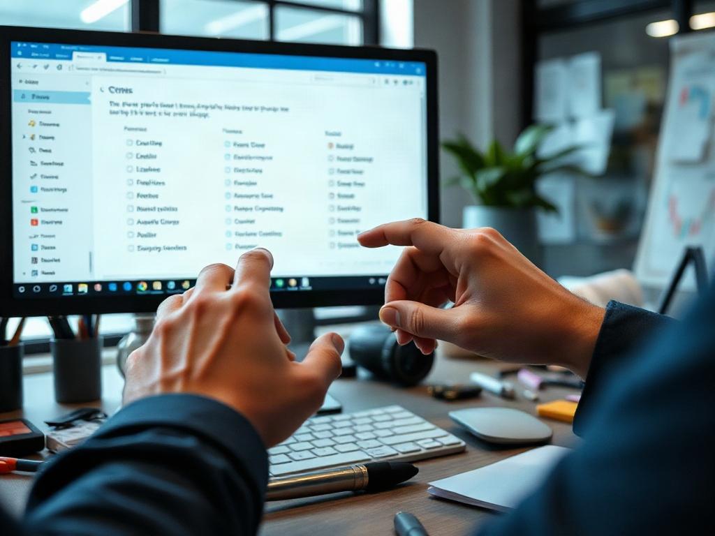 A hyper-realistic close-up shot of a hands-on customization process for a CRM system on a computer screen, highlighting various options being adjusted. The background is a sleek, modern workspace with tools and notes scattered around, reflecting a creative and analytical atmosphere.