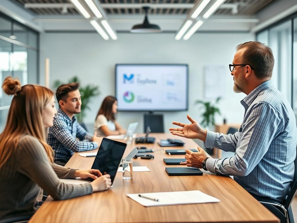 A hyper-realistic close-up shot of a trainer conducting a CRM training session, with participants actively engaged around a conference table. The setting is a bright, modern training room filled with technology, showcasing a collaborative learning environment.