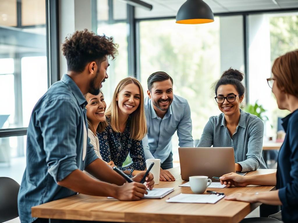 A close-up shot of a diverse team of professionals engaged in a lively discussion about marketing strategies. The setting is a modern office with a bright atmosphere, featuring a large window with natural light pouring in. The team consists of individuals of various ethnicities and genders, displaying enthusiasm and collaboration. They are gathered around a table with laptops, notepads, and coffee cups, emphasizing a creative and energetic environment. The composition is clear and focused, capturing the essence of teamwork in marketing.