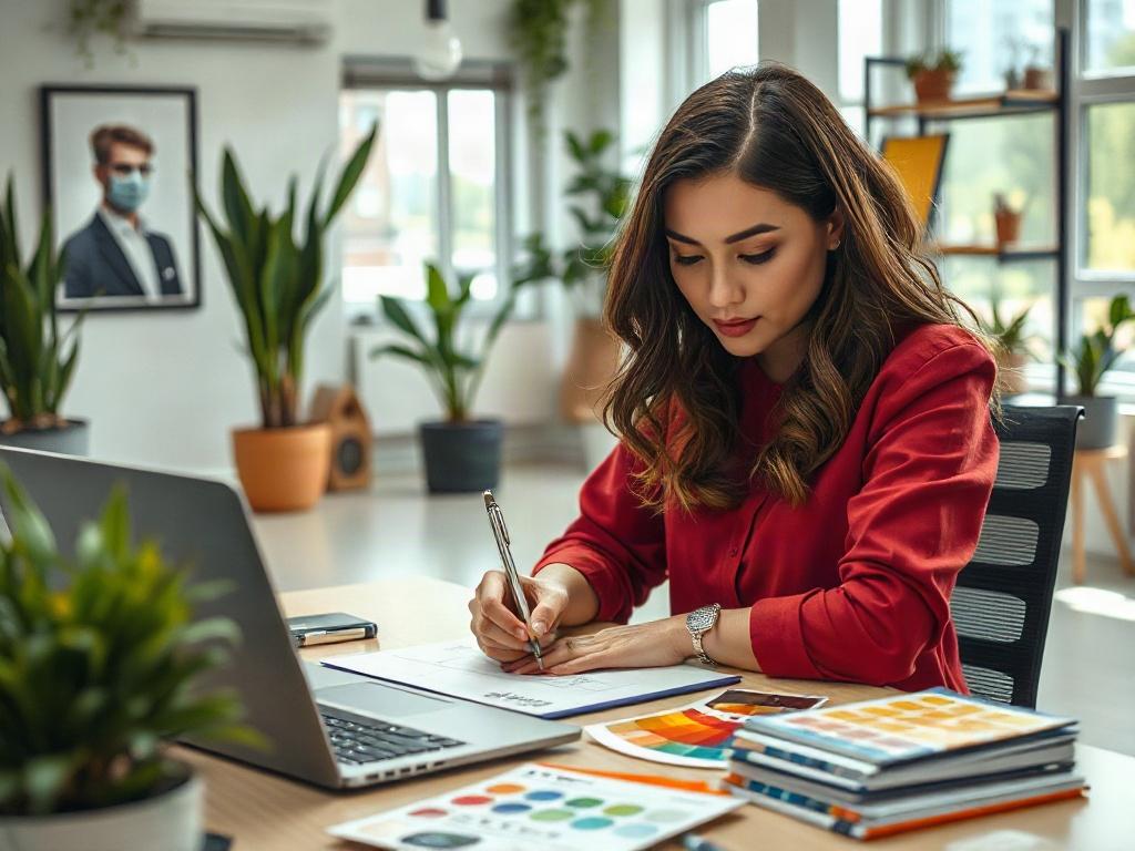 A female designer focused on creating a branding design. She is sitting at a modern desk, surrounded by design tools like a sketch pad, laptop, and color swatches. The background is a bright, airy office space with plants and inspirational artwork on the walls. The designer is deeply engaged in her work, with a look of concentration and creativity, showcasing a sense of professionalism and artistic flair.
