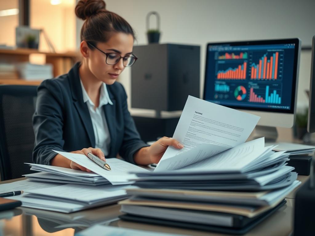 A virtual assistant organizing paperwork and files in an office setting. The assistant is focused on the task, with a computer in the background displaying graphs and charts. The workspace is neat and organized, reflecting a sense of order and efficiency. The close-up shot conveys a sense of professionalism and dedication. Use a hyper-realistic style, shot with a 45mm f/1.2 lens.
