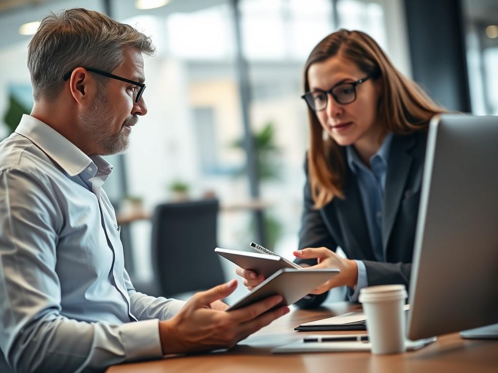 An insurance professional consulting with a virtual assistant over a video call. The assistant is taking notes on a digital tablet, while the professional appears engaged and focused on the discussion. The background shows a modern office environment, signifying professionalism and collaboration. Use a hyper-realistic style, shot with a 45mm f/1.2 lens.