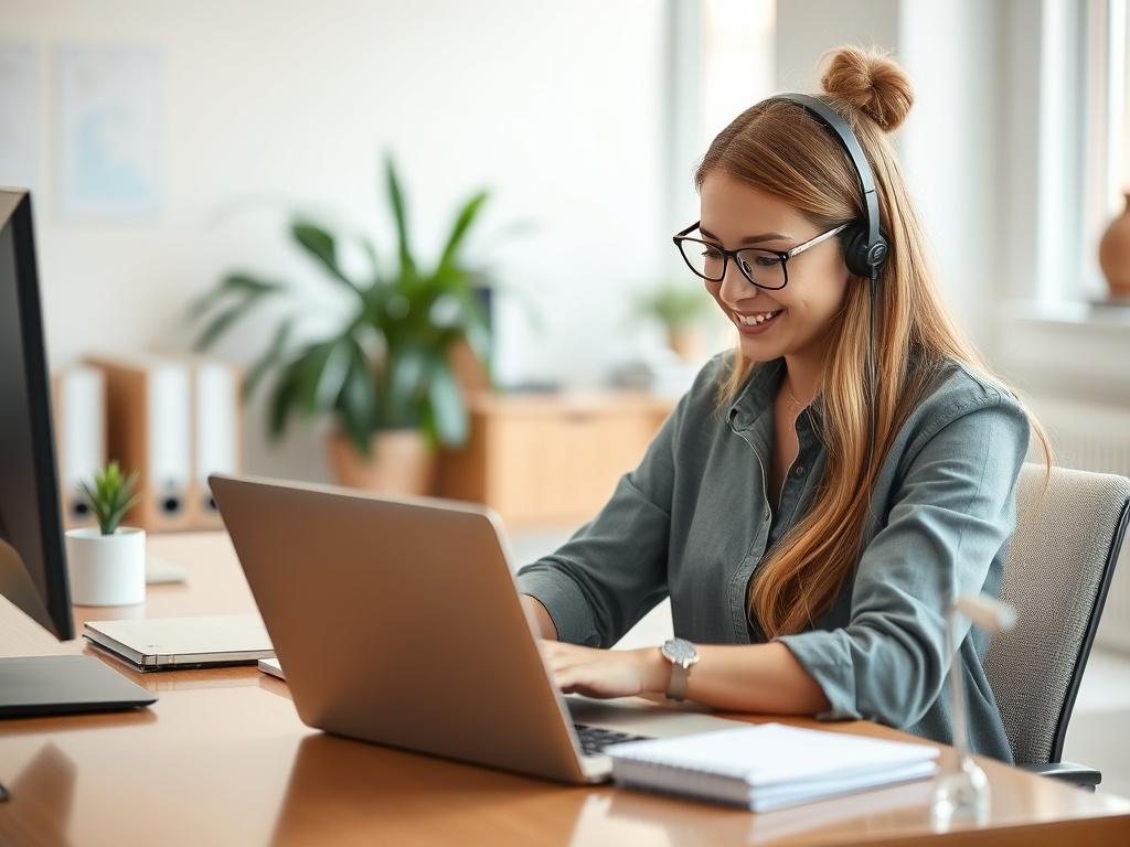 A focused virtual assistant at a desk, typing on a laptop with a notepad nearby. The setting is bright and organized, reflecting a professional workspace. The assistant appears engaged and productive, with a slight smile, showcasing dedication and efficiency. The background is softly blurred to emphasize the assistant. Use a hyper-realistic style, shot with a 45mm f/1.2 lens.