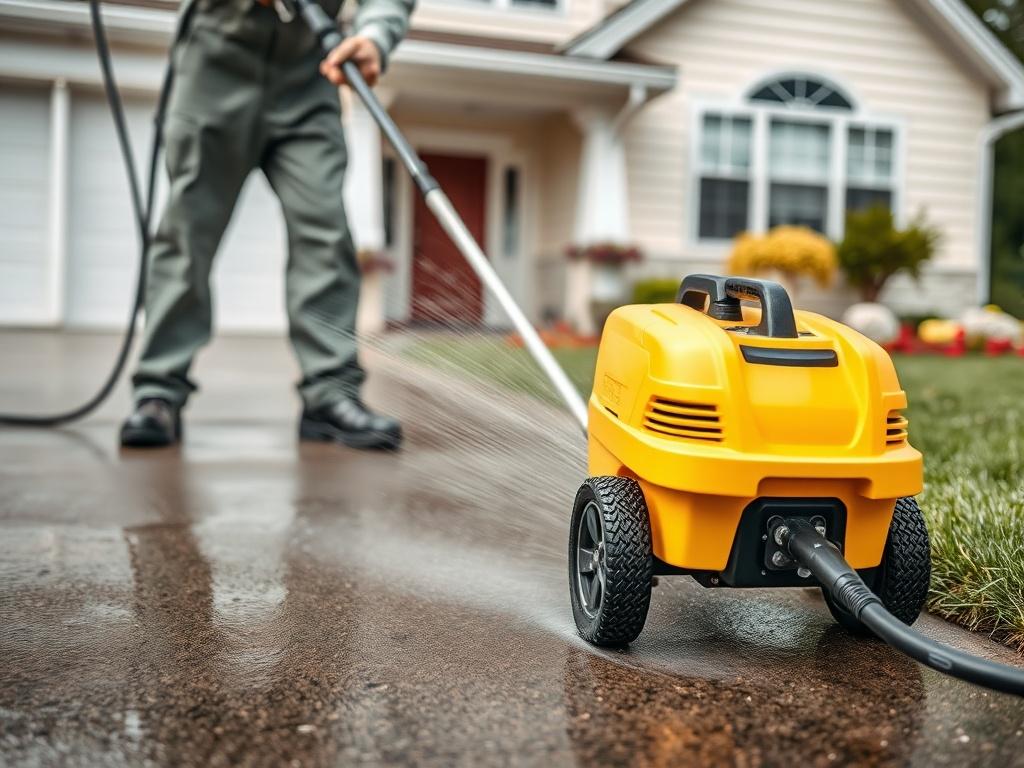A realistic high-resolution photo of a professional pressure washing service in action, focusing on a worker using a pressure washer on a driveway. The scene captures the water spray and dirt being removed, with a clean and vibrant home exterior in the background. The composition is simple, showcasing the pressure washer as the main subject, shot with a 45mm f/1.2 lens to emphasize detail and clarity.