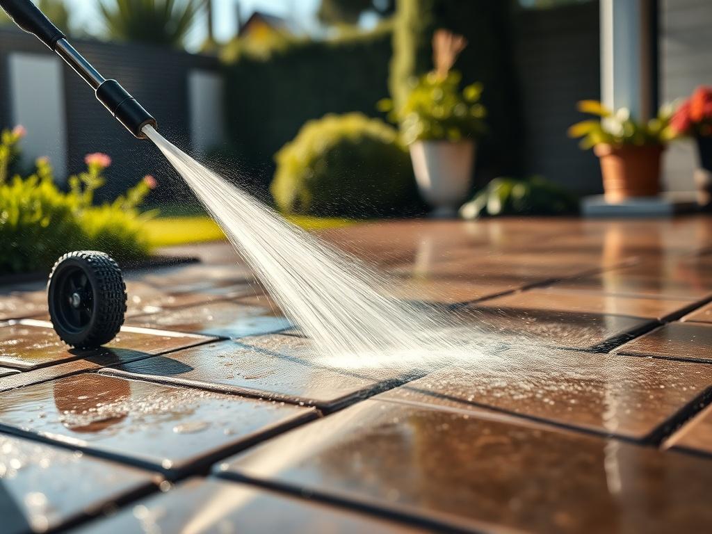 A hyper-realistic close-up shot of a professional pressure washer in action, spraying water on a dirty driveway, with vibrant water droplets visible in the sunlight. The background should be a clean, well-maintained garden area, enhancing the contrast between the dirty surface being cleaned and the surrounding cleanliness. The image should be captured with a 45mm f/1.2 lens style, emphasizing the clarity of the water spray and the texture of the surfaces.