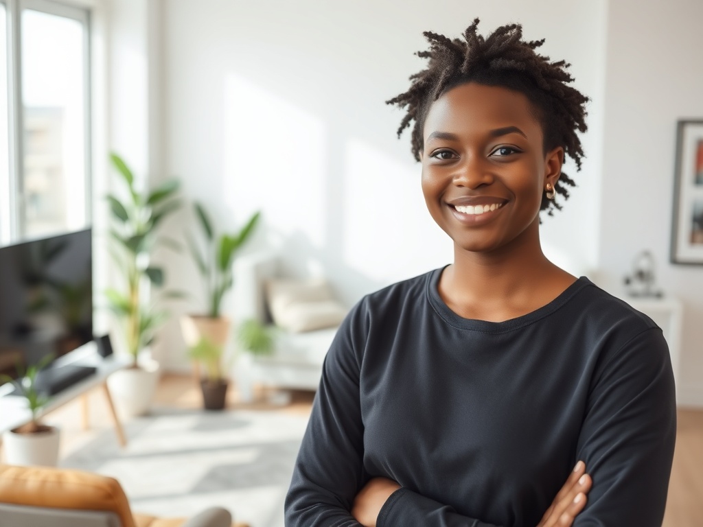 Confident adult in a modern apartment showing independence and hope
