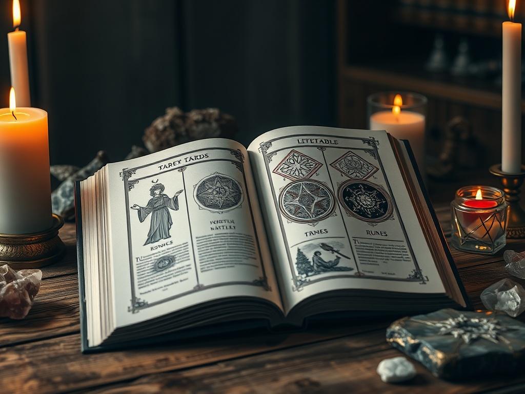 A photorealistic close-up of an open ebook displaying beautiful illustrations of tarot cards and runes on a wooden table, surrounded by candles and crystals, in a dimly lit, mystical atmosphere.