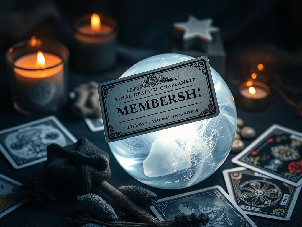 A photorealistic depiction of a mystical membership card resting on a crystal ball, with soft, glowing light emanating from it, surrounded by tarot cards and sage, in a dark, enchanting setting.