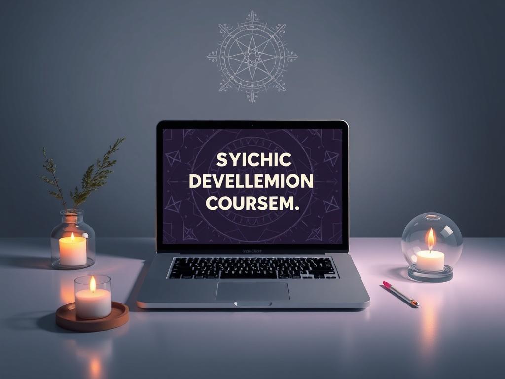 A photorealistic illustration of a serene online class setting with a laptop displaying a psychic development course, surrounded by mystical symbols and soft lighting, creating a calming atmosphere.