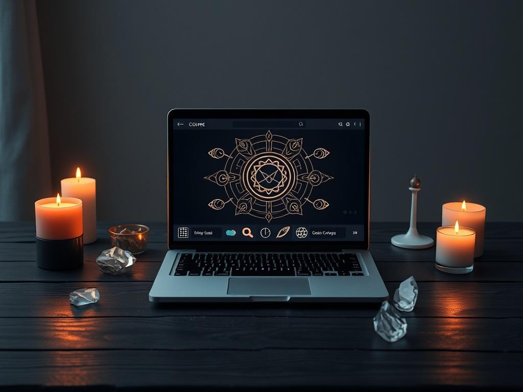 A high-resolution image of a laptop displaying an online course interface with mystical graphics and symbols, placed on a dark wooden desk, surrounded by candles and crystals, creating an inviting and mystical atmosphere.