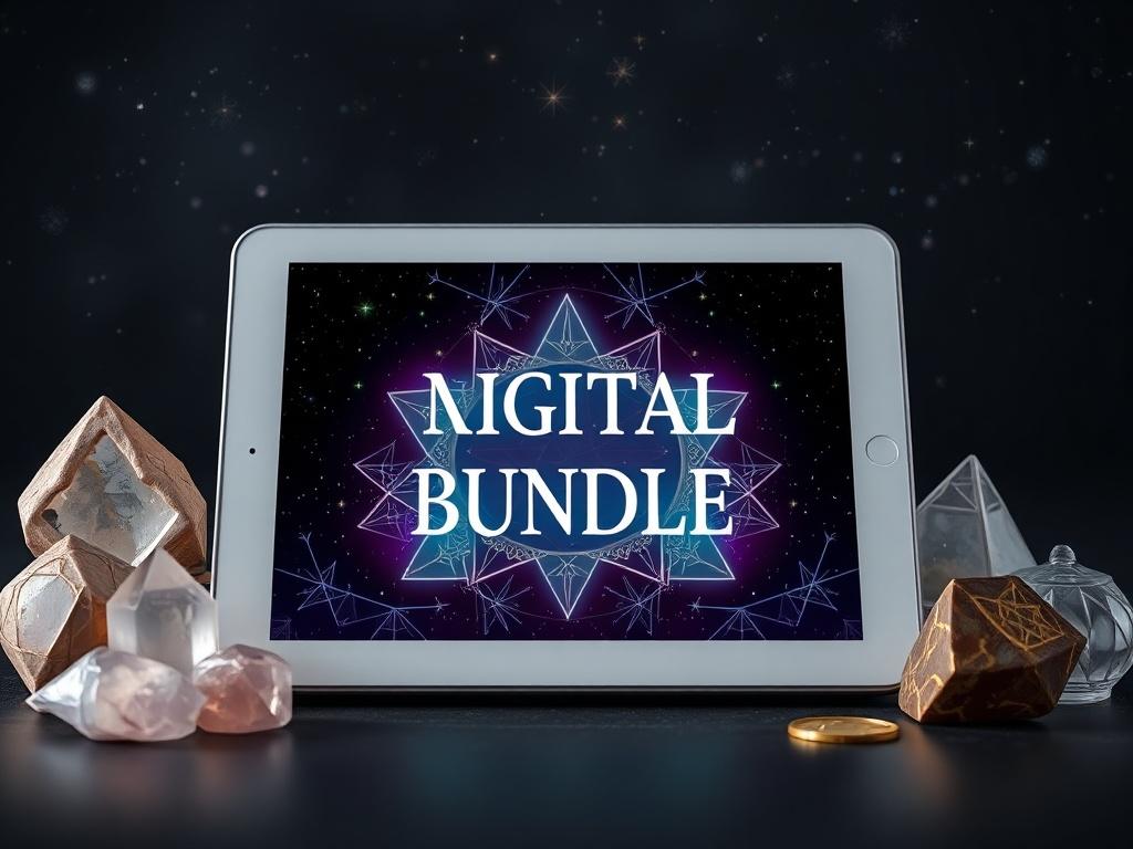 A high-resolution image featuring a mystical-themed digital bundle displayed on a tablet screen, surrounded by crystals and tarot cards, set against a dark, starry backdrop, conveying a sense of magic and spirituality.