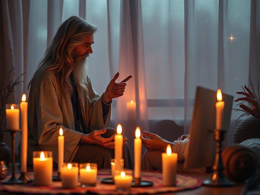 A serene, mystical environment depicting a psychic reading session with candles and soft lighting. The focus is on a psychic with an aura of wisdom, engaging with a client in deep conversation. The background features subtle hints of cosmic elements, like stars and galaxies, blending harmoniously with the warm ambiance.