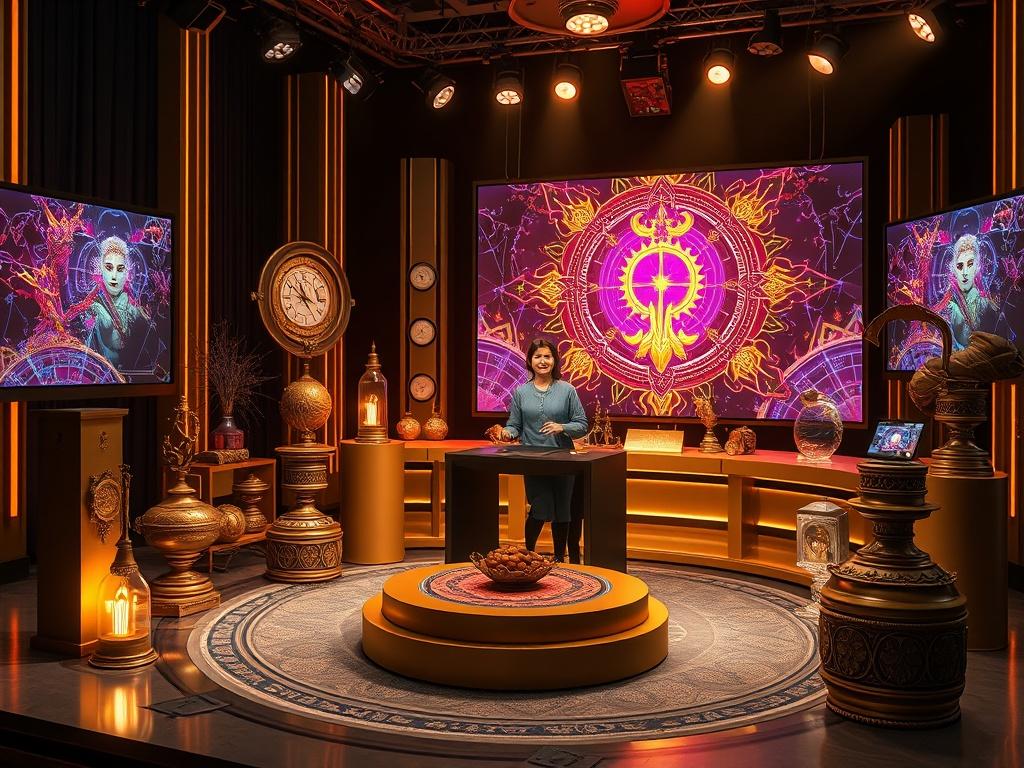 An engaging and vibrant scene from a YouTube show set, featuring a host surrounded by mystical artifacts and AI-generated art. The background is dark, enhancing the gold accents of the set, with a large screen displaying vibrant graphics related to the show's theme. The atmosphere is inviting and intriguing.