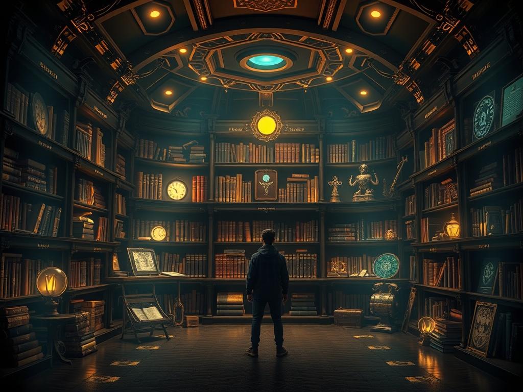 A luxurious digital vault filled with glowing books and mystical artifacts, symbolizing exclusive knowledge. The scene is dimly lit with golden accents highlighting the treasures within. A figure stands in front, gazing in awe at the vast array of resources, surrounded by a sense of wonder and curiosity.