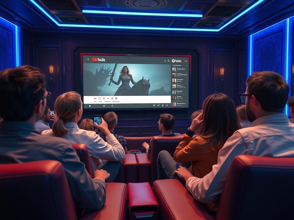 A dynamic virtual cinema scene showing viewers interacting with a screen displaying a YouTube episode. Some viewers are seen rating the video and posting comments in a sidebar. The cinema is elegantly designed, with comfortable seating and occult-themed accents. Ambient lighting adds to the inviting atmosphere, emphasizing the sense of community and engagement.