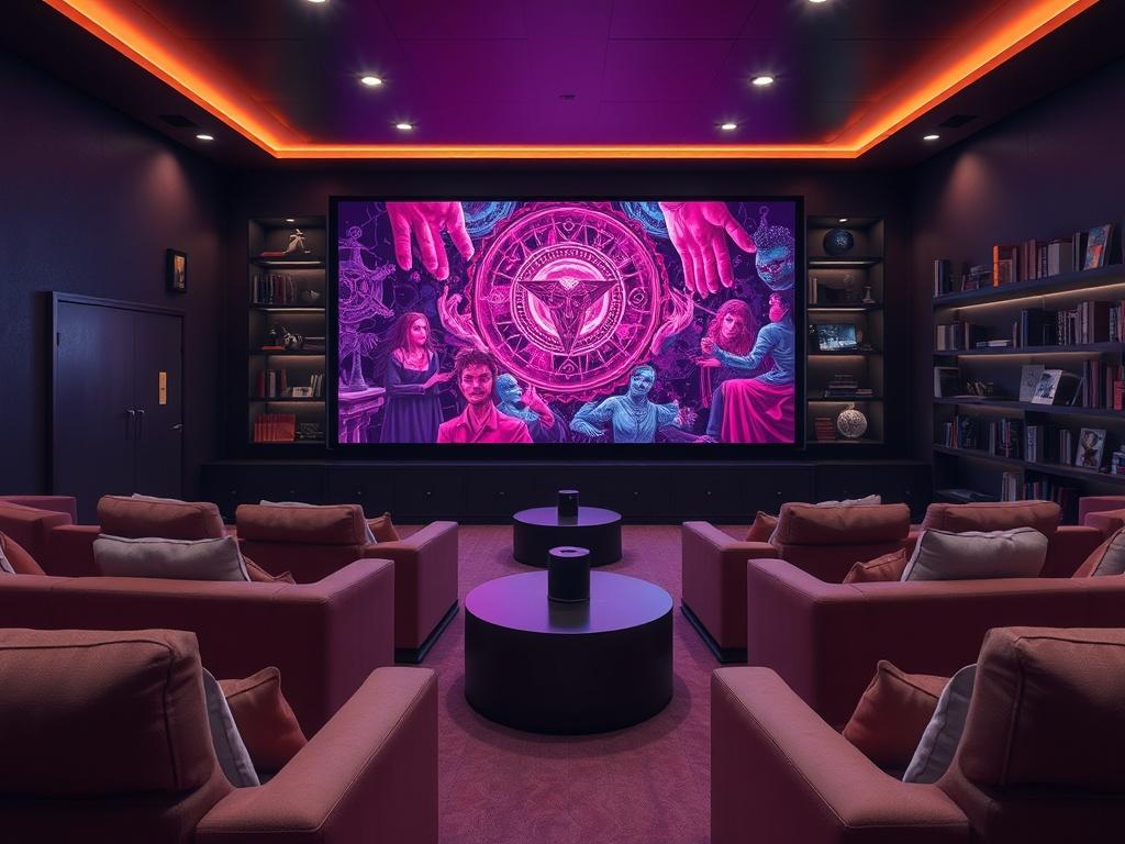 A sleek, modern virtual cinema environment featuring a large screen displaying vibrant visuals from a mystical YouTube show. The space is filled with plush seating for viewers, with artful, occult-inspired decor. The lighting is ambient and moody, creating an inviting atmosphere, while the background features shelves of digital books and artifacts related to the content. The overall look is polished and engaging.