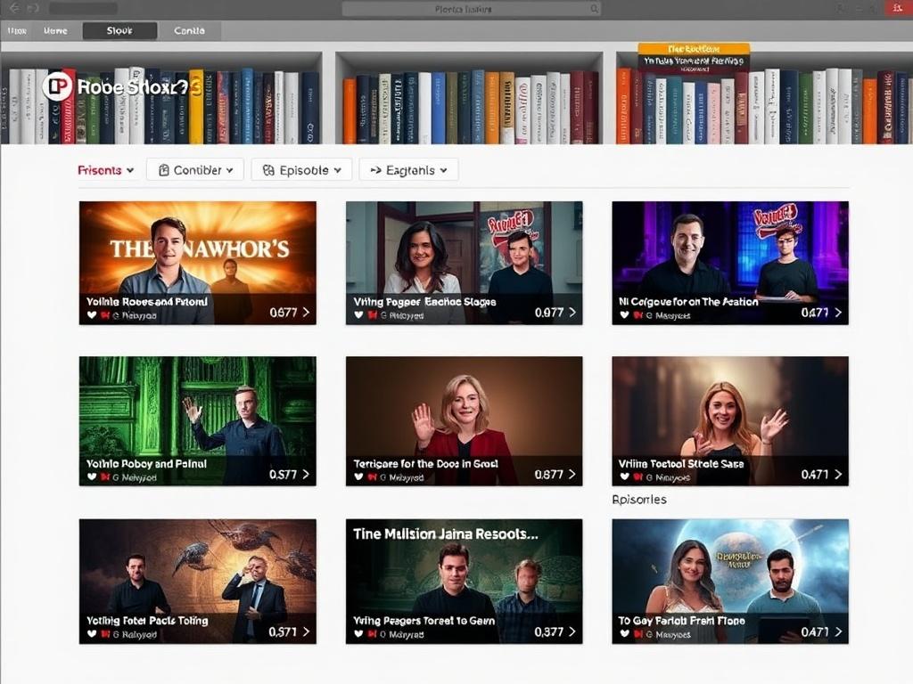 A modern video library interface showcasing thumbnails of various YouTube show episodes. The design is clean and intuitive, with vibrant visuals and easy navigation options. Each episode thumbnail is accompanied by a brief description. Background elements include a digital bookshelf filled with multimedia resources related to the occult and psychic services, creating a scholarly yet inviting atmosphere.