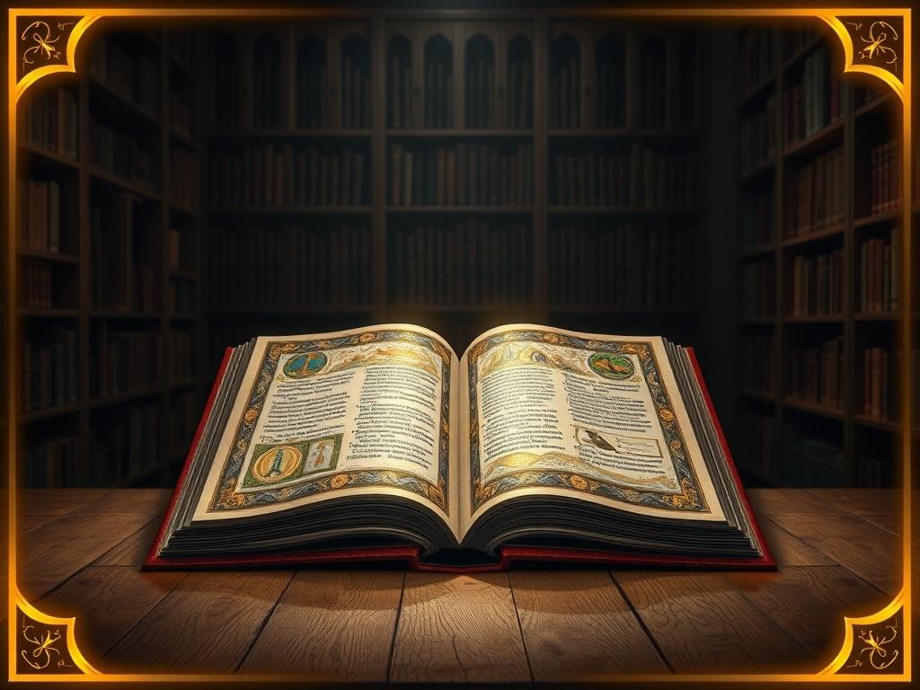 A realistic high-resolution image of an ancient illuminated manuscript open on a wooden table, surrounded by glowing borders. The manuscript showcases intricate gold leaf designs and colorful illustrations reflecting occult themes, with a soft, ethereal light illuminating the pages. The background features a dark, atmospheric library with shelves of ancient books.
