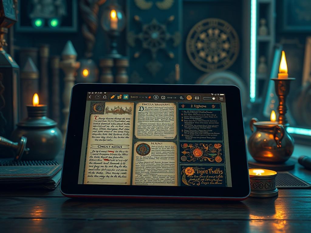 A realistic high-resolution image of a digital archive showcasing various illuminated manuscript styles on a sleek tablet. The background is filled with mystical artifacts and glowing borders, creating an inviting atmosphere. The tablet screen displays colorful, ornate articles reflecting occult themes.