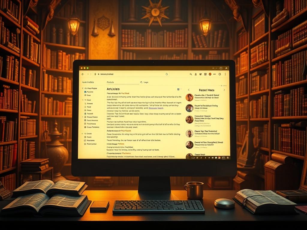 A realistic high-resolution image depicting a glowing digital interface of an esoteric wiki on a computer screen. The background is a mystical library filled with ancient texts and scrolls, with soft, warm lighting accentuating the glow of the screen. The interface shows a searchable index filled with categorized articles.