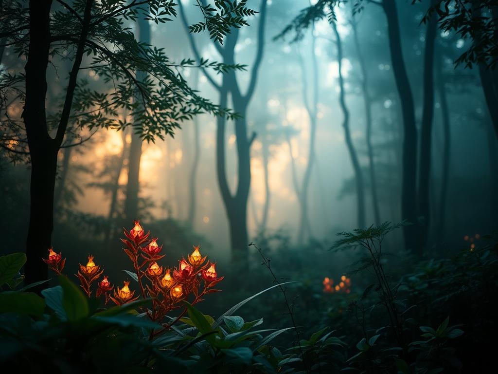 A serene and enchanting forest scene, illuminated by ethereal light. The foreground features vibrant, luminescent plants, while a gentle mist envelops the trees in the background. The composition captures the essence of nature's magic, with soft bokeh effects creating an immersive ambiance. The color palette includes deep greens, soft blues, and hints of gold, inviting viewers into a dreamlike experience. The overall feel is calming and inviting, making it perfect for relaxation and inspiration.