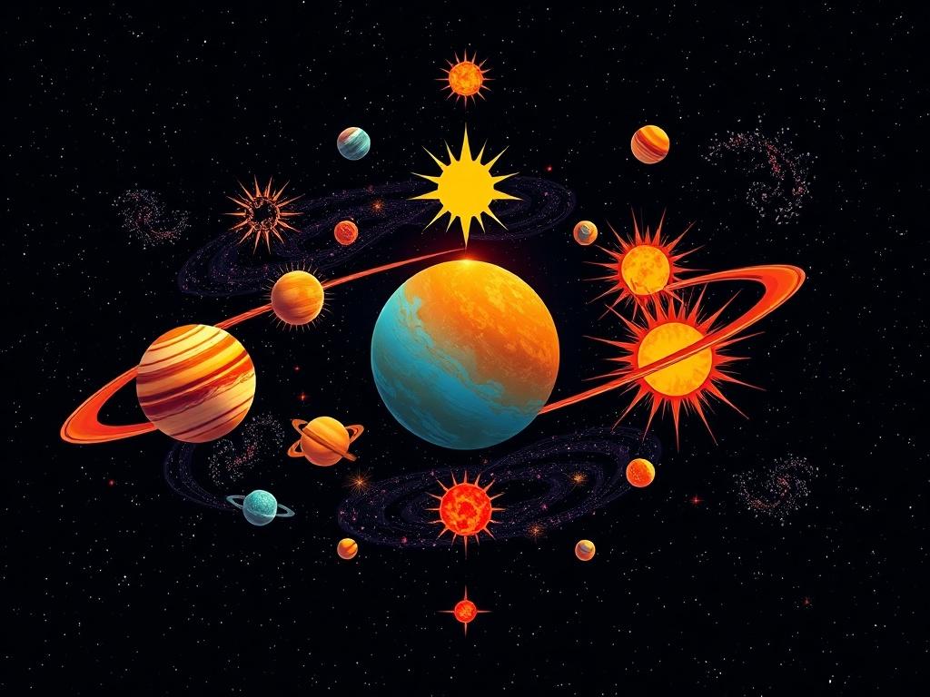 An abstract representation of celestial bodies in perfect harmony, featuring colorful planets, radiant suns, and swirling cosmic dust. The background is a dark, starry expanse, enhancing the vibrancy of the celestial elements. The colors are bright and contrasting, with a blend of reds, yellows, and blues, creating an energetic yet soothing atmosphere. The composition is dynamic, drawing the eye toward the center where the most significant celestial body resides. This piece is ideal for those looking to bri