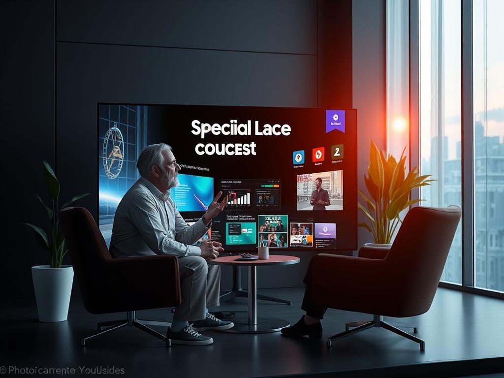 A dynamic YouTube video showcasing a Special Guest interview, set against a dark, modern backdrop. The guest is seen passionately discussing topics while vibrant visuals and graphics accompany the conversation. This composition highlights the interactive experience, inviting viewers to engage and learn.