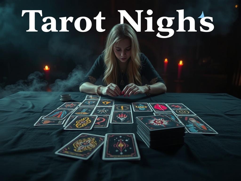 A visually striking scene of a dark-themed YouTube video on Tarot Nights, featuring a tarot reader and vibrant tarot cards spread across a table. The background is atmospheric with soft lighting, creating a mystical vibe. This composition emphasizes engagement, inviting viewers to participate in the experience.