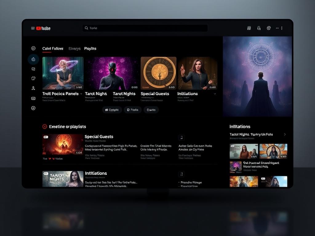A sleek, dark-themed YouTube page layout featuring organized playlists on the left, showcasing categories like Panels, Tarot Nights, Special Guests, and Initiations. The background is minimalist with cinematic visuals, creating an inviting atmosphere. The overall composition conveys a modern aesthetic, emphasizing user engagement and community interaction.