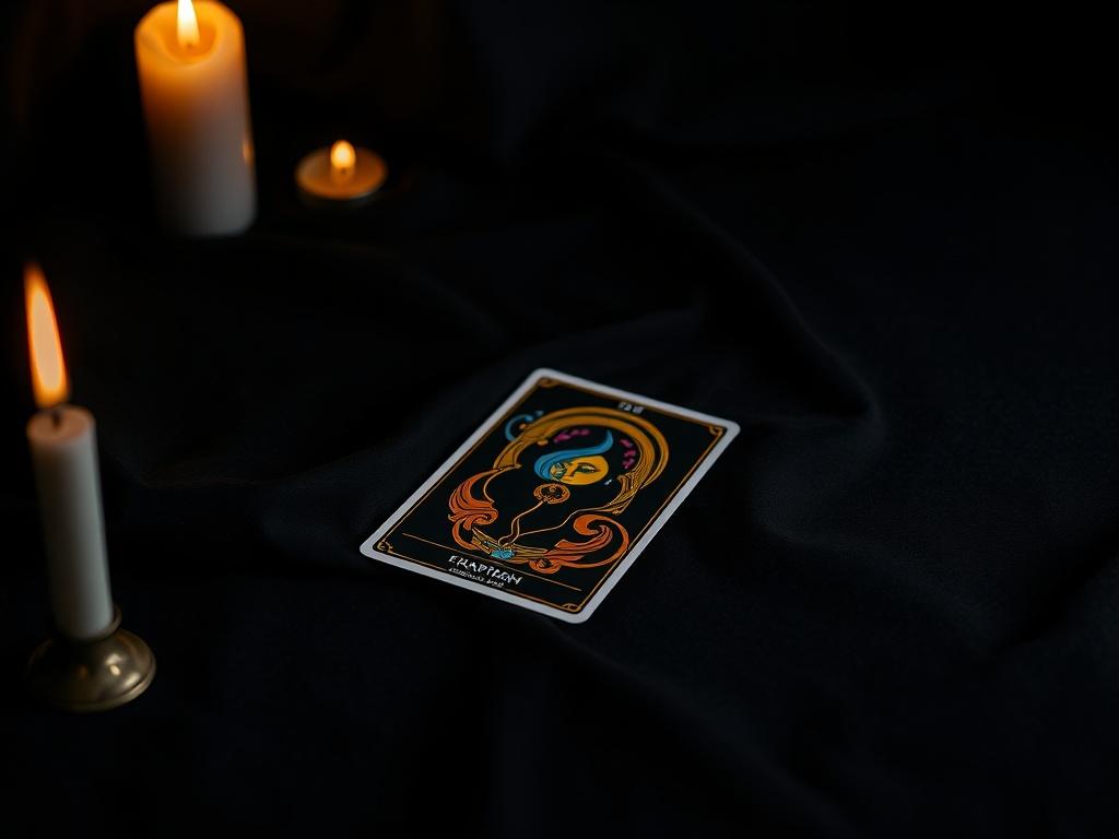 A single tarot card laid out on a dark velvet cloth, with soft candlelight illuminating the edges. The background should be minimalistic and dark, emphasizing the vibrant colors of the card. The atmosphere should be mystical and inviting, evoking curiosity and introspection.