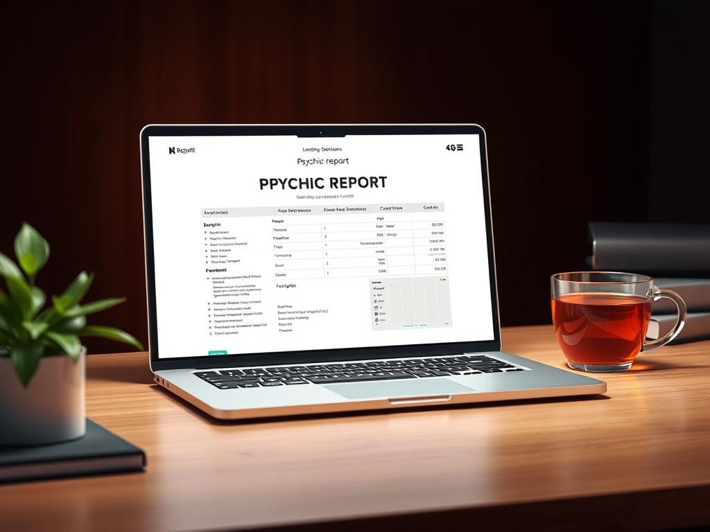 An open laptop displaying a beautifully designed psychic report on the screen. The setting is a minimalist desk with a plant and a cup of herbal tea. The background should be dark yet warm, highlighting the technology and the natural elements.
