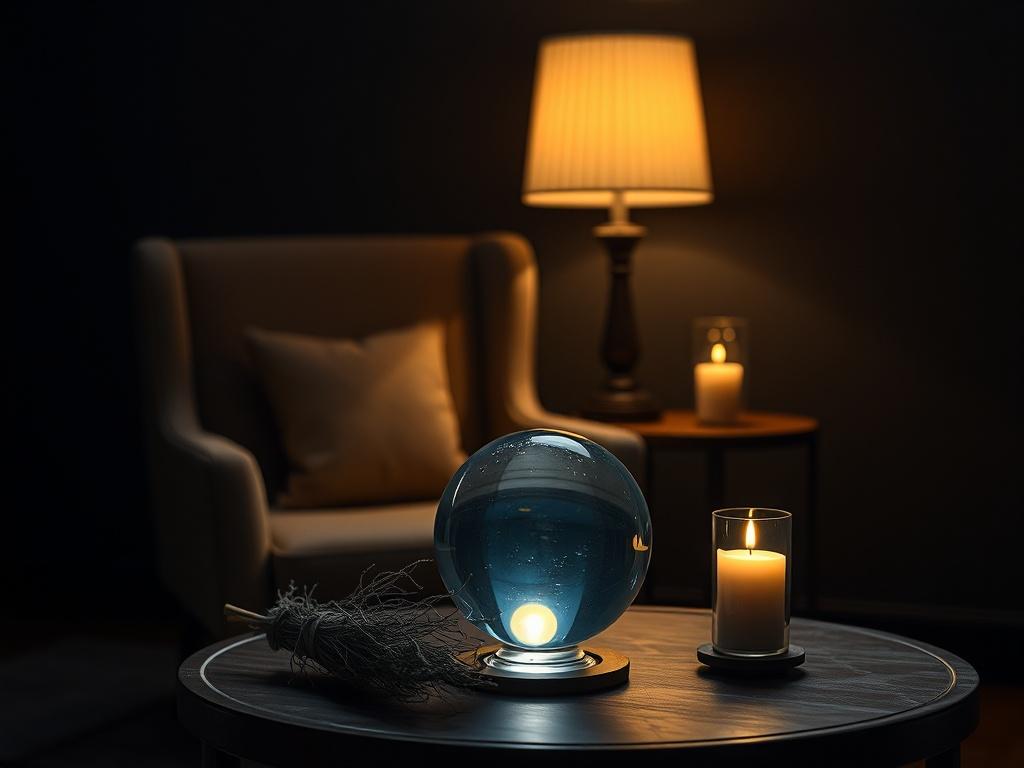 A serene room with a comfortable chair, softly lit by ambient lighting. A crystal ball sits on a table beside fresh sage and a candle. The background should be dark and calming, creating a peaceful, inviting atmosphere for a private psychic session.