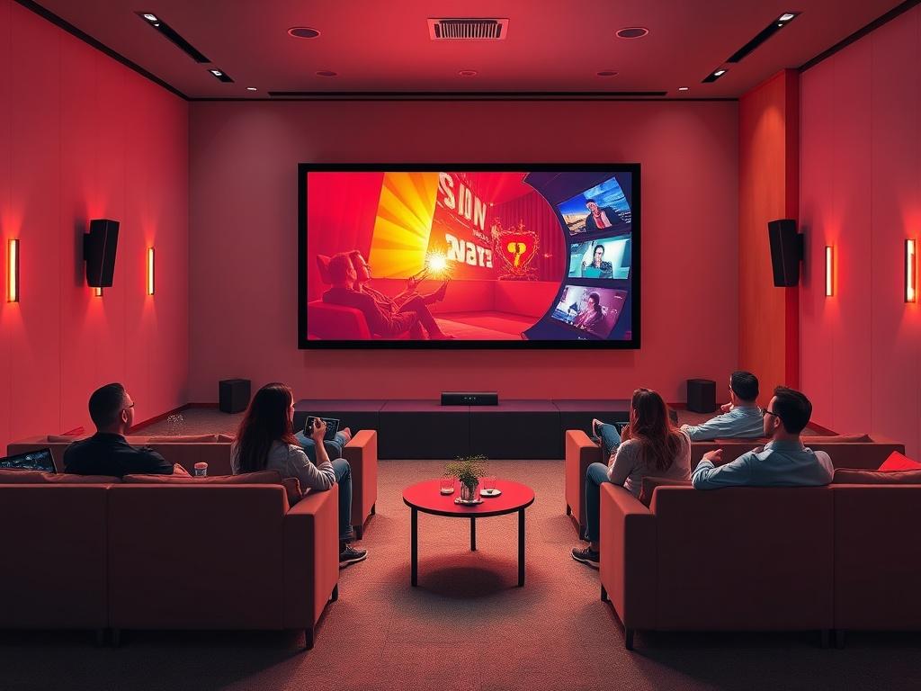 An inviting digital theater setting showcasing a large screen displaying vibrant visuals from exclusive shows, surrounded by comfortable seating and members engaging in animated discussions. The atmosphere is cozy and intimate, emphasizing connection and creativity.