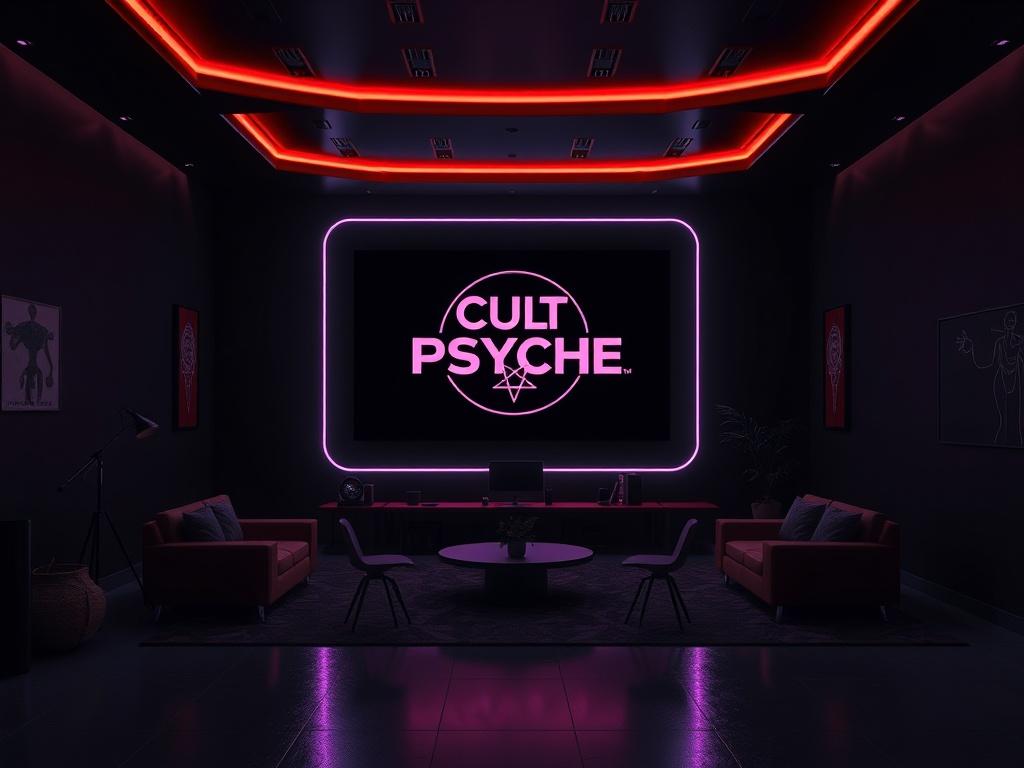A dark-themed virtual room with a welcoming atmosphere, featuring a large screen displaying the Cult of Psyche logo, comfortable seating, and soft ambient lighting. The setting conveys a sense of community and connection, encouraging members to explore and engage.
