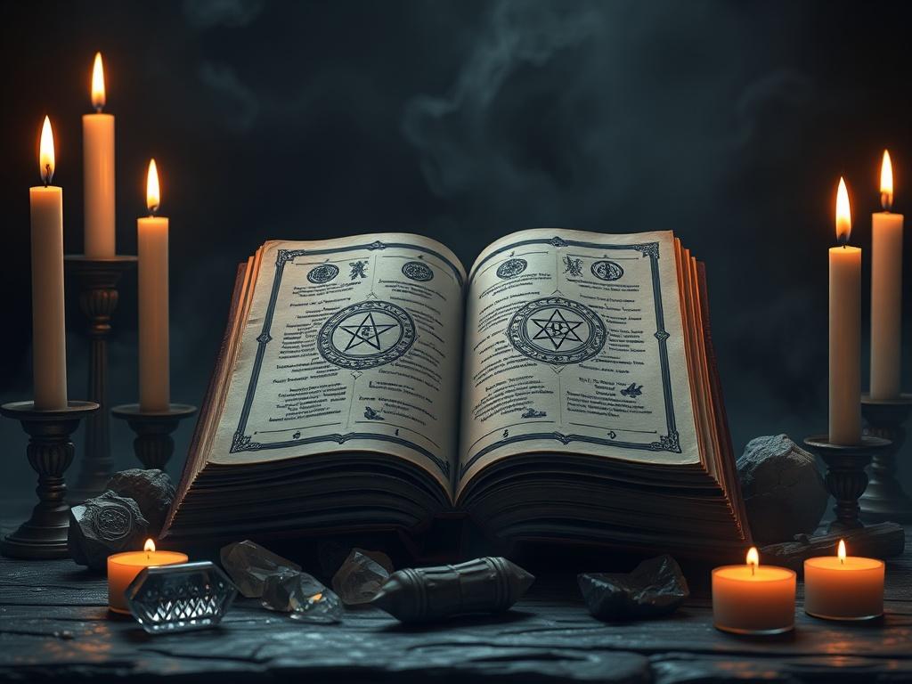 A captivating image of a digital course interface showing an ancient book opened to a page with occult symbols, surrounded by candles and crystals. The background should be dark and moody, emphasizing a sense of mystique.