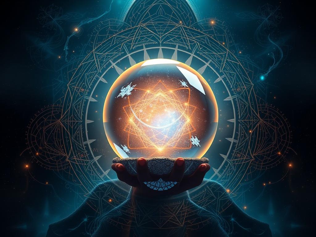 A high-resolution ebook cover featuring a mystical design with ethereal elements, showcasing a glowing crystal ball at the center, surrounded by swirling cosmic patterns and subtle hints of ancient symbols. The background should be dark and atmospheric, enhancing the sense of mystery and magic.