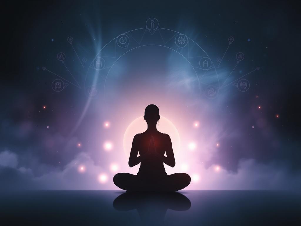 A realistic high-resolution ebook cover featuring mystical symbols and a serene, ethereal background. The cover should display a subtle blend of dark blues and purples, with a silhouette of a person meditating, surrounded by glowing orbs of light. The composition should be minimalistic, focusing on the subject of psychic development and spiritual growth.
