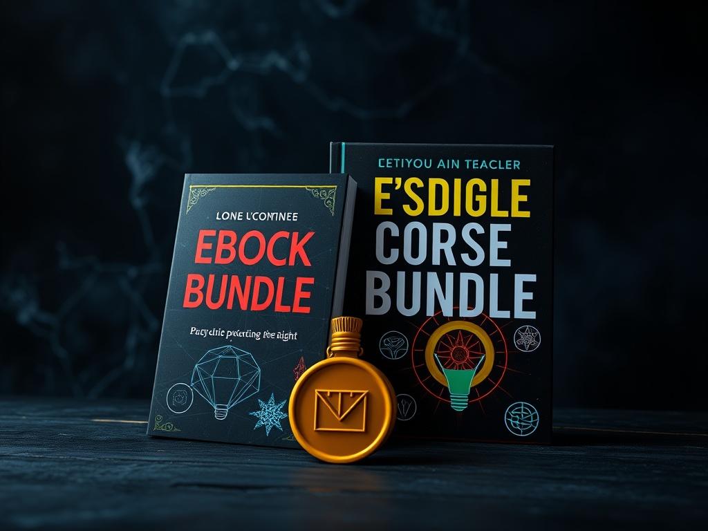 A visually appealing high-resolution image of a bundled package that includes an ebook and a course presentation, displayed against a dark and mysterious backdrop. The image should highlight the digital nature of the bundle, with icons representing knowledge, growth, and psychic insight. Use vibrant colors that complement the dark theme.