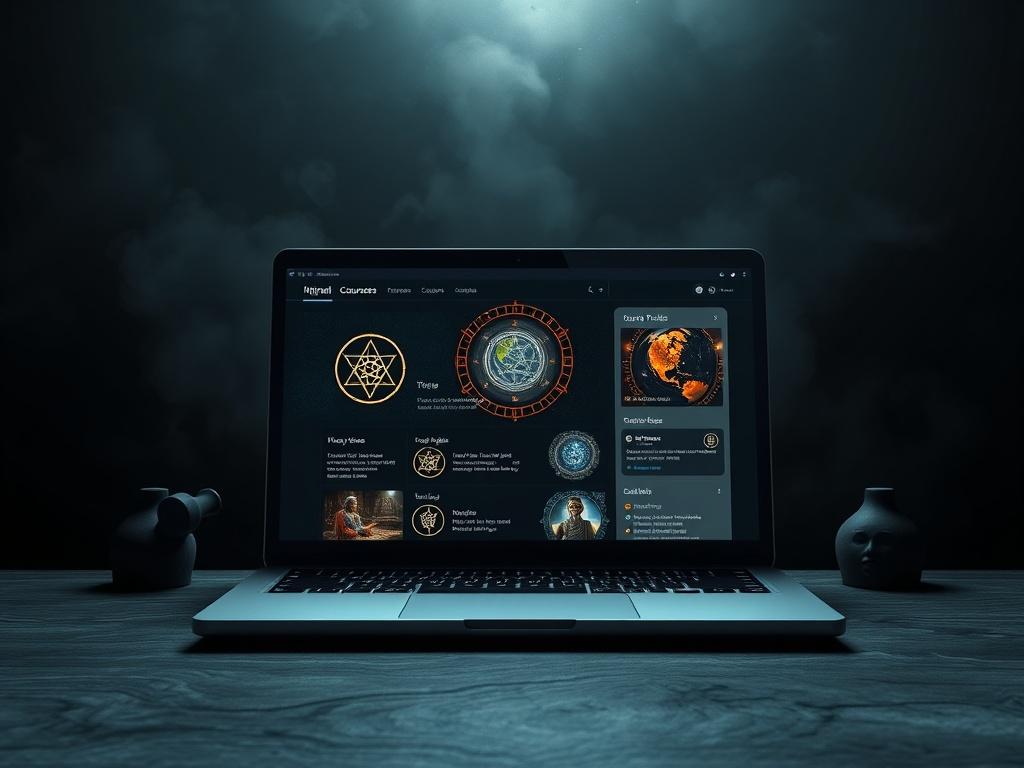 A high-resolution image showcasing a digital course interface on a laptop screen set against a dark, atmospheric background. The screen should display mystical symbols and course topics, while the surrounding elements evoke a sense of mystery and enlightenment. Use deep colors and clean lines to emphasize the educational theme.