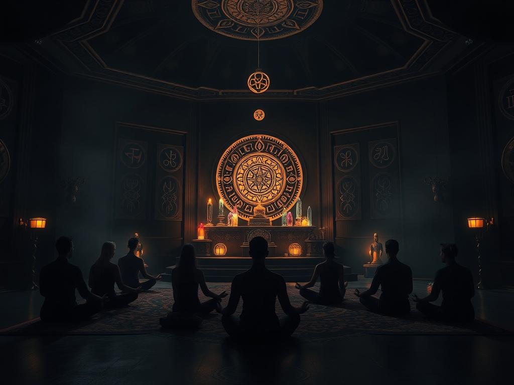 A serene dark space with a glowing altar in the center, adorned with intricate symbols and crystals, a group of members in meditative poses, focused on the energy around them.