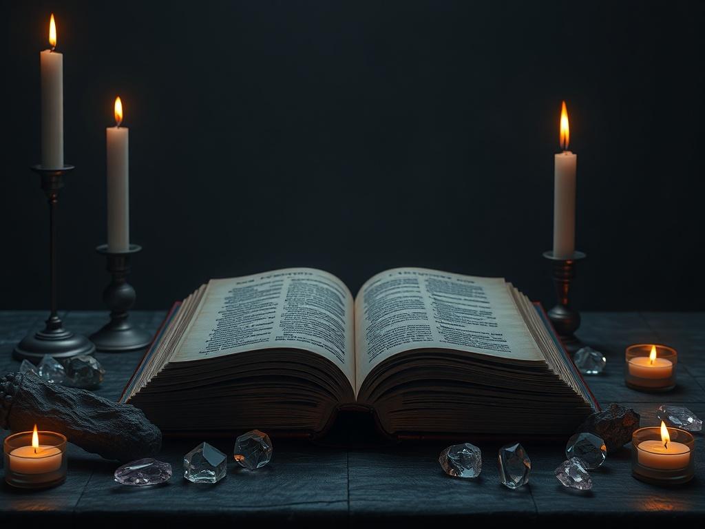 A mystical dark-themed setting with an open ancient book on a table, surrounded by candles and crystals, soft glowing light illuminating the pages, minimalistic background.